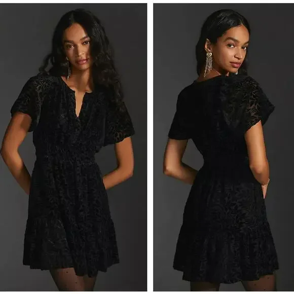 ANTHROPOLOGIE The Somerset Velvet Mini Dress Black Burnout Sz M NWT $160 {3Y10} - Picture 2 of 3